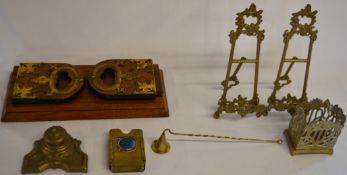 Selection of brassware, including inkwell, picture stands, candle snuffer, playing cards holder with