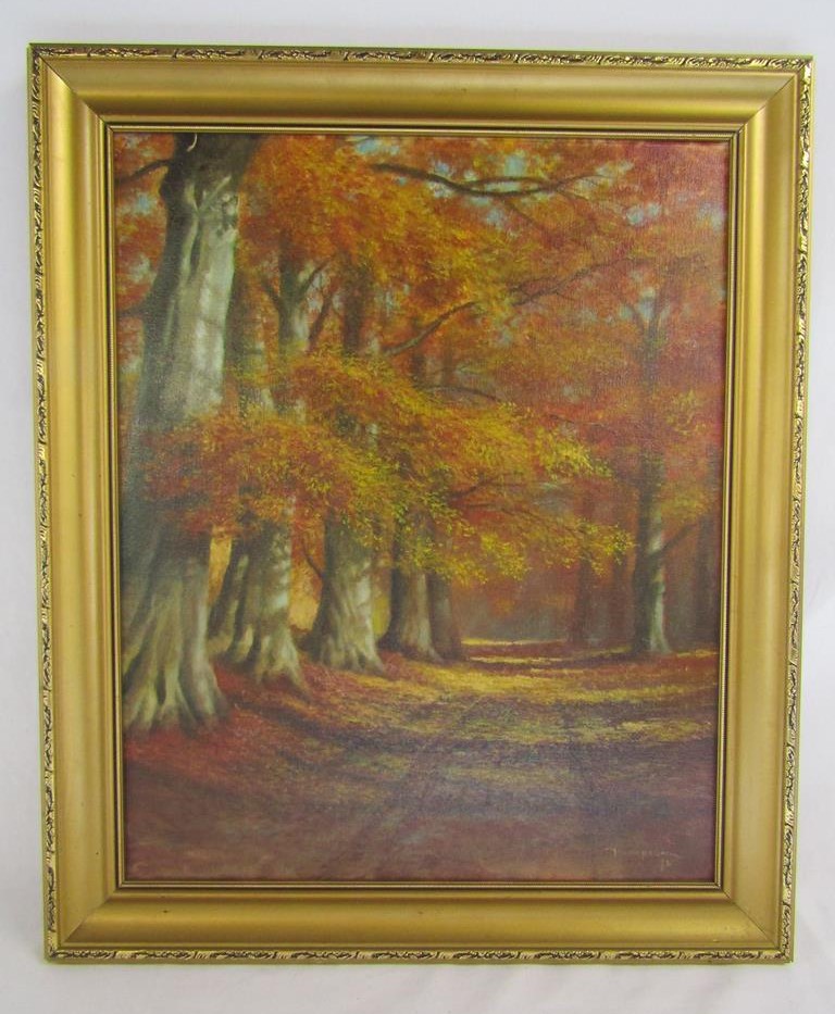 Framed oil on canvas of autumnal wood scene 'Beech Woods, Ashridge Park, Gaddedton' to rear signed - Image 2 of 5