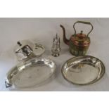 Silver plate Ellis Barker sugar sifter and umarked food warmer and plates also copper and brass