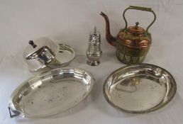 Silver plate Ellis Barker sugar sifter and umarked food warmer and plates also copper and brass