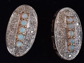Pair of 9ct gold five stone opal & diamond chip earrings 2.4g