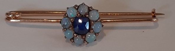 Tested as 15ct opal & sapphire cluster bar brooch 1.6g (1 x opal chipped)