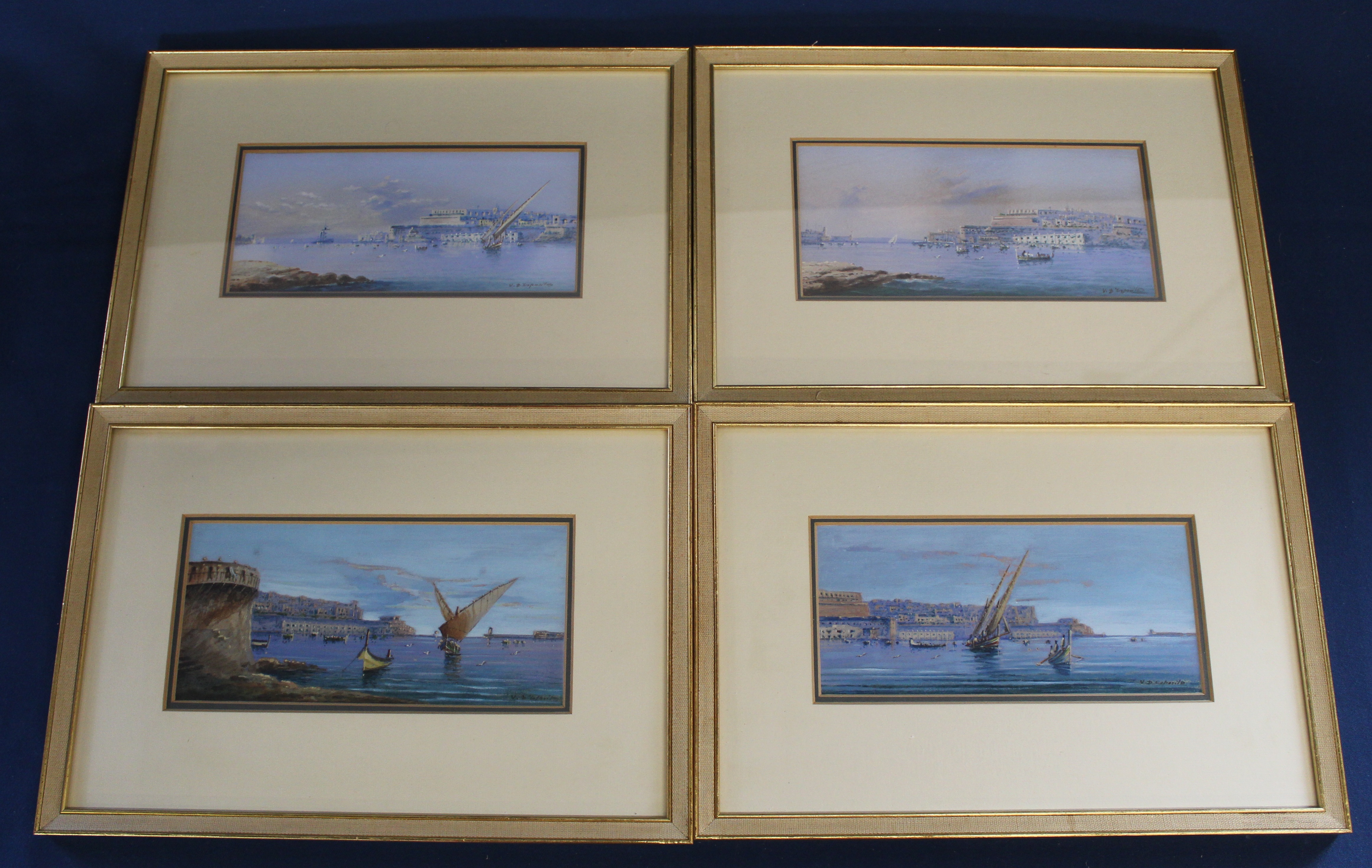 Set of four framed gouache paintings depicting Valetta Harbour by Vincenzo D'Esposito (Maltese - Image 2 of 7