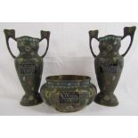 Chinese cloisonné garniture with dedication 'In token of Mr J. Bowman presented by Y.C Wong 8-7-