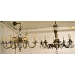 Delft 8 branch chandelier and a bronze 8 branch chandelier with crystal drops
