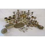 Collection of silver plate, some worn, and metal ware includes goblets, candelabra, trinkets etc
