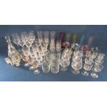 Collection of glasses to include stag design decanter and glasses, pheasant glasses, King George