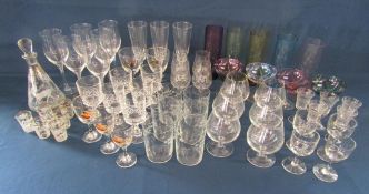 Collection of glasses to include stag design decanter and glasses, pheasant glasses, King George