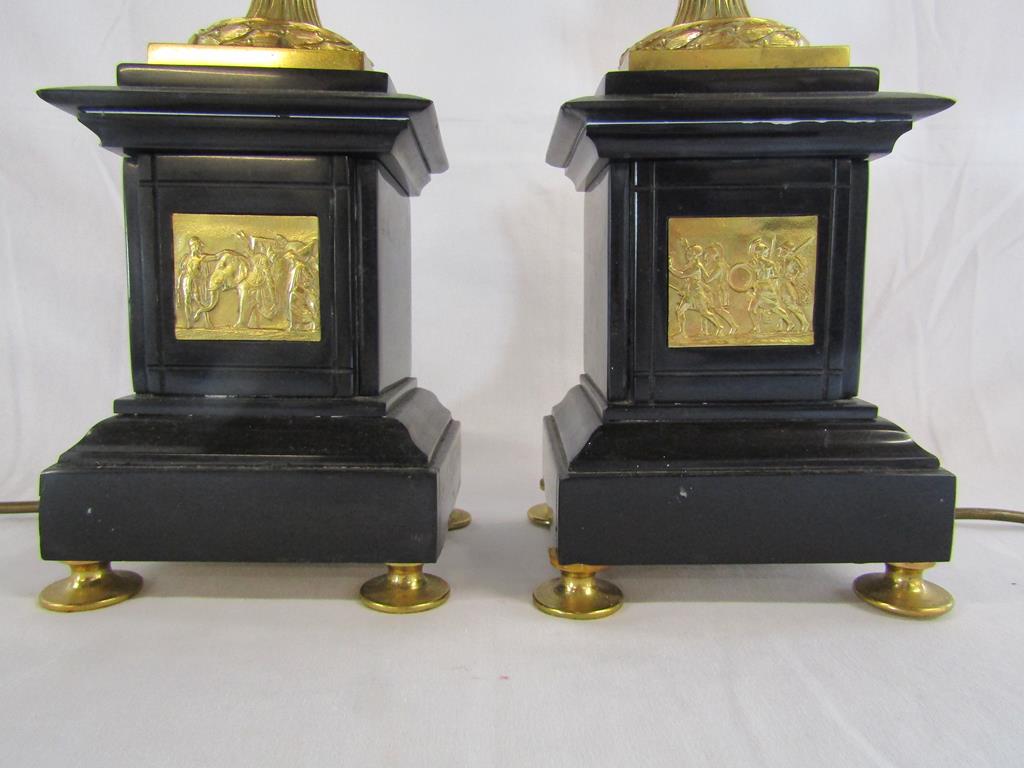 Pair of black slate table lamps with gold urn tops and decorative inserts - Image 3 of 8