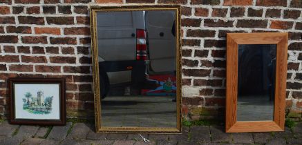 Large ornate gilt framed mirror, 69cm x 99cm and another mirror and a framed picture of a church