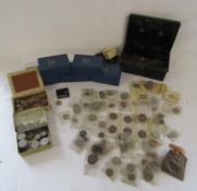 Money tin with loose coins new half penny, one penny, sixpence coins, small tin with half crown, two
