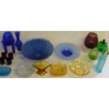 Selection of coloured glassware, including bowls, vases, etc