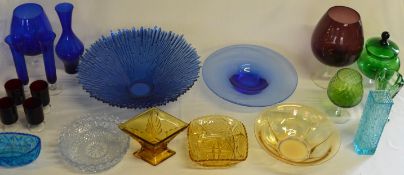 Selection of coloured glassware, including bowls, vases, etc