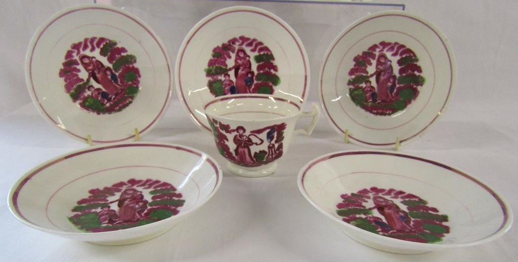 Faith, Hope and Charity Sunderland Temperance pink lustre 4 cups and 7 saucers (lustre worn) - Image 4 of 7