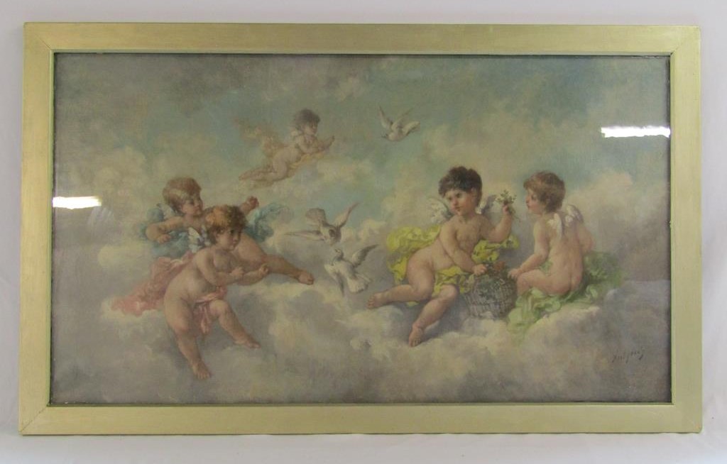 Large framed oil painting depicting cherubs in the clouds, signed Lutyens (Charles Augustus Henry - Image 2 of 6