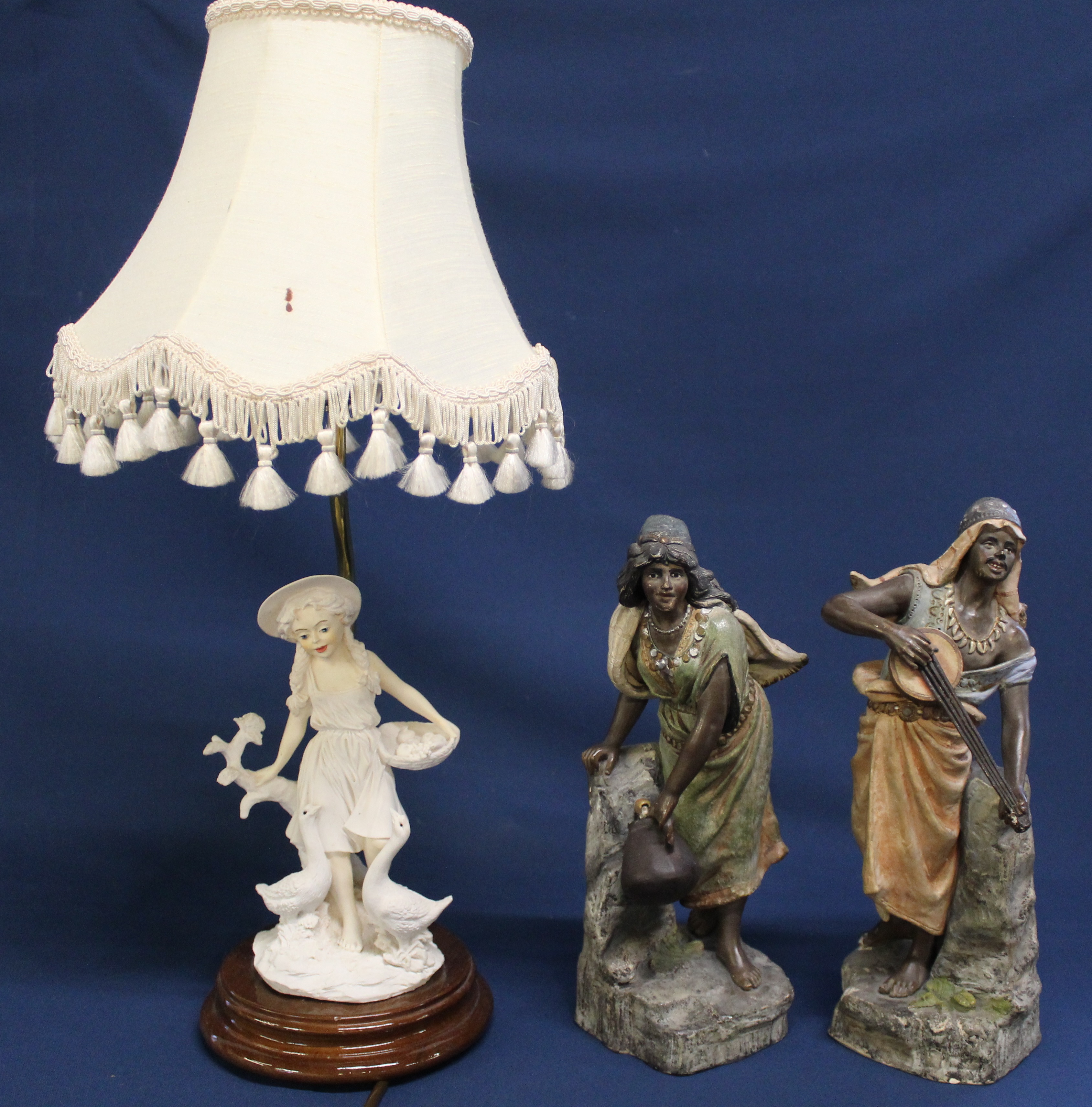 Pair of North African plaster figures & Capodimonte figural table lamp