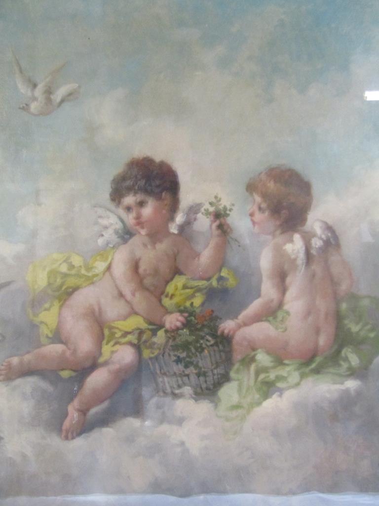 Large framed oil painting depicting cherubs in the clouds, signed Lutyens (Charles Augustus Henry - Image 4 of 6
