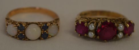 9ct gold opal and blue stone ring, size W also 9ct gold seed pearl and red stone ring, size K, total
