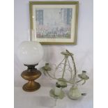 Oil lamp with white shade, 3 arm ceiling light and Lowry print  'Coming from the mill'