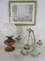 Oil lamp with white shade, 3 arm ceiling light and Lowry print  'Coming from the mill'