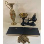 Set of balance scales with weights, approx 50 three penny bits, onyx vase missing a handle, books on
