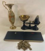 Set of balance scales with weights, approx 50 three penny bits, onyx vase missing a handle, books on