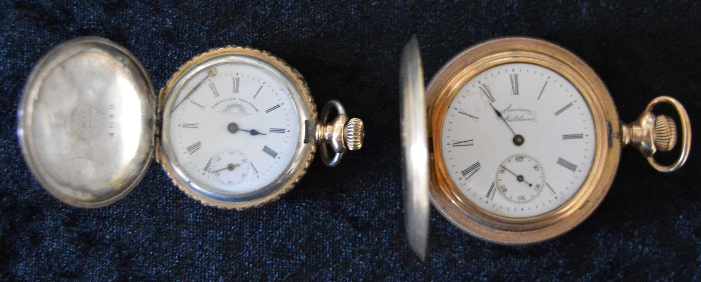 Waltham gold plated hunter pocket watch & a silver plate fob watch (on both watches the hour hand - Image 2 of 3