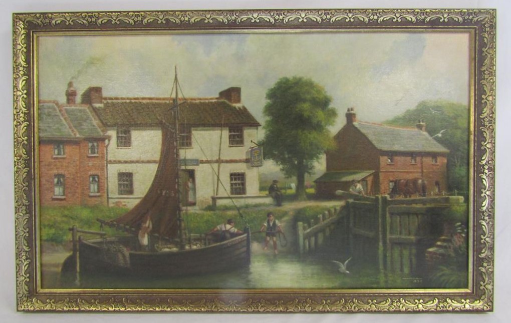 Framed oil on canvas depicting country pub and river scene with 'Evelyn' boat signed Thompson - Image 2 of 6