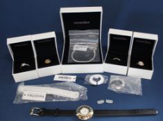 Pandora jewellery includes wristwatch with extra strap & bezels, silver bracelet & 4 silver rings