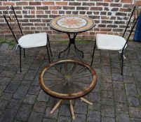 Tile top patio table & 2 chairs & a ship's wheel coffee table
