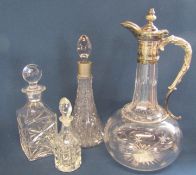 Victorian star cut decanter with silver plated handle and pourer and other glassware