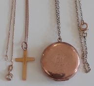 9ct gold (back / front) locket on chain & 9ct gold cross on chain (fastener broken) 1.3g