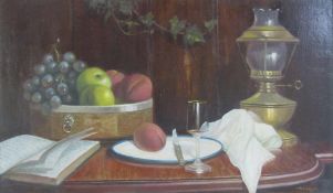 Framed oil on board depicting still life scene of book, fruit and oil lamp - signed Thompson