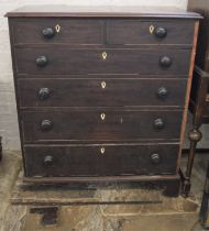 Early 19th century mahogany chest of drawers with later handles, bone escutcheons. Bracket foot &