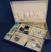 Jewellery box containing contemporary silver jewellery including moonstone pendants, turquoise,