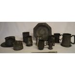 Selection of pewterware, including tankards, plate, etc and a silver plated letter opener / meat