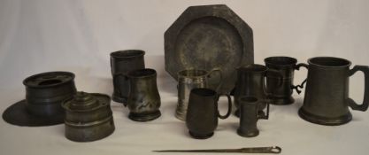 Selection of pewterware, including tankards, plate, etc and a silver plated letter opener / meat