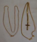 Gold chain stamped 9kt with a crucifix (tested as 9ct gold) & another 9ct gold chain, total 5.3g