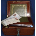 Mahogany writing slope with glass inkwell & additional ink pens / vintage letters