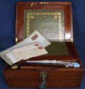 Mahogany writing slope with glass inkwell & additional ink pens / vintage letters