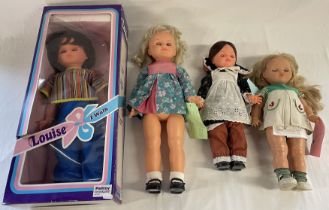 Four dolls including Palitoy Sally Says walking and talking doll which recites 10 phrases (not