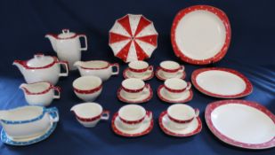 Staffordshire Stylecraft Midwinter red polka dot part dinner / tea service & blue polka dot sauce