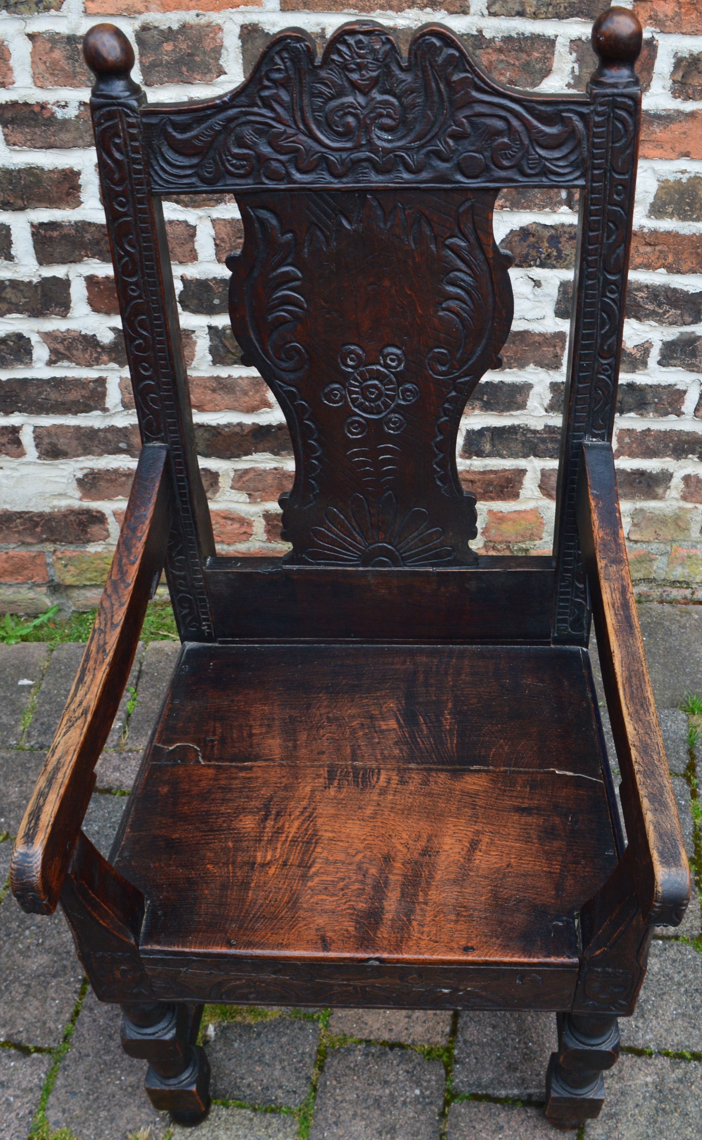 Reproduction 17th century wainscot carved oak chair with loose cushion seat - Image 2 of 3
