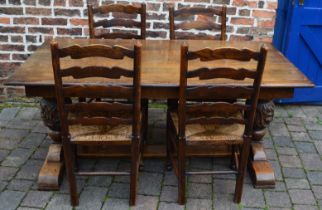 Heavily carved reproduction Jacobean refectory table in oak (168cm x 90cm Ht76cm) with 4 rush seated