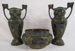 Chinese cloisonné garniture with dedication 'In token of Mr J. Bowman presented by Y.C Wong 8-7-