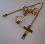 9ct gold cross with chain, bow brooch and seed pearl and turquoise ring - ring size L/M - total