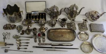 Large quantity of silver plate items, including trays, spoons planter/ice bucket tea pot, etc, boxed