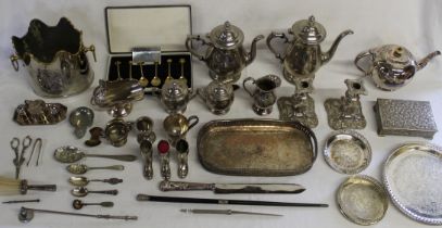 Large quantity of silver plate items, including trays, spoons planter/ice bucket tea pot, etc, boxed