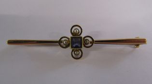 15ct gold sapphire and seed pearl bar brooch  total weight 3.27g