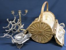 Wicker picnic set for two (as new), decorative candelabra, bottle rack & duck dish